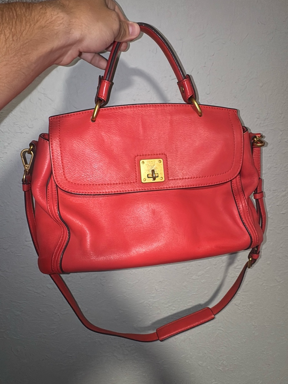 MCM Red Leather Top-Handle Satchel with Gold Hardware